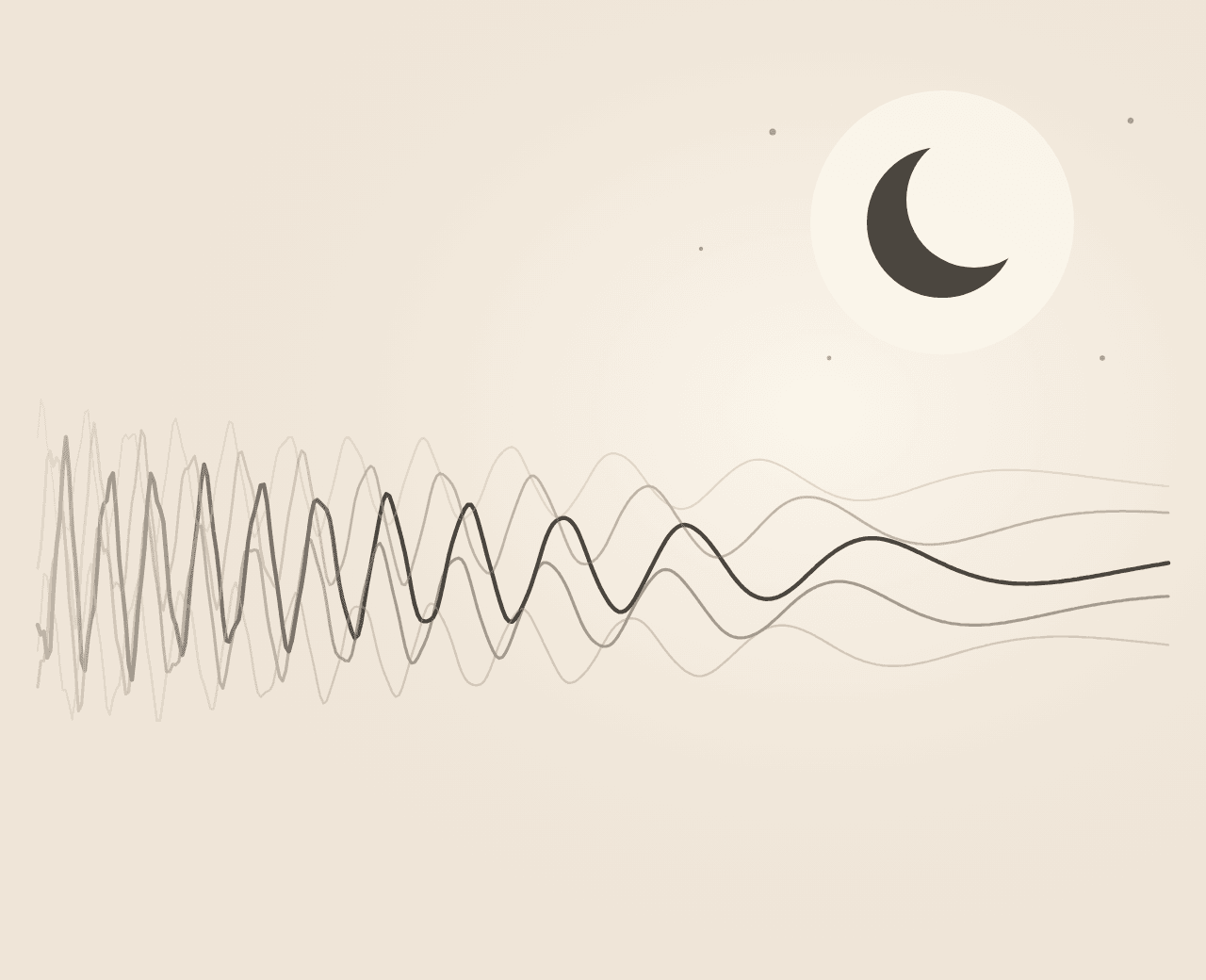 Lines that start tense and jagged and slow into calm waves under a crescent moon